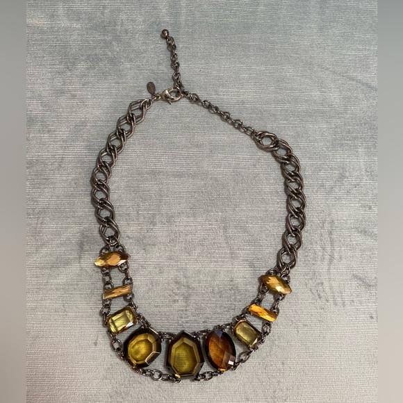 Chico’s bib choker collar style faceted stone topaz/gold, gunmetal chain 15-20” - Picture 1 of 15